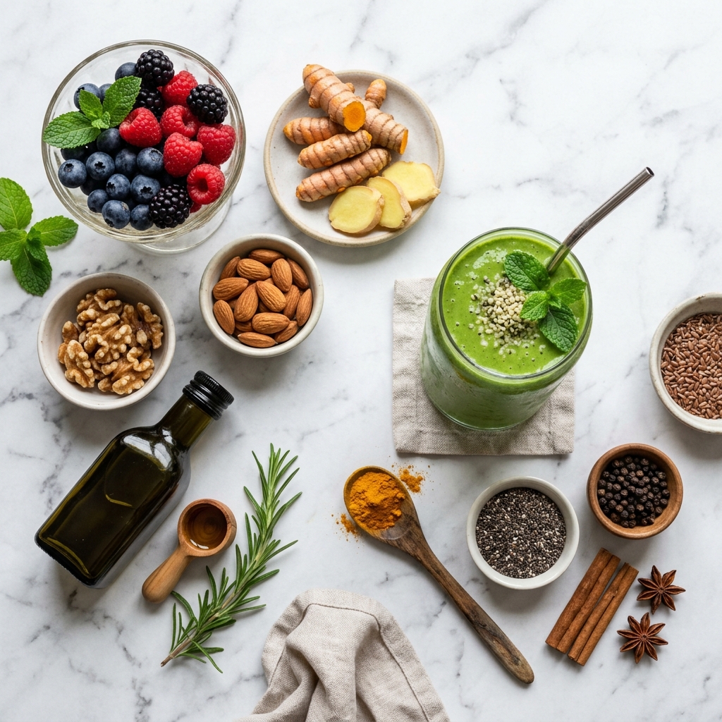 Composição de alimentos funcionais, especiarias e frutas frescas
